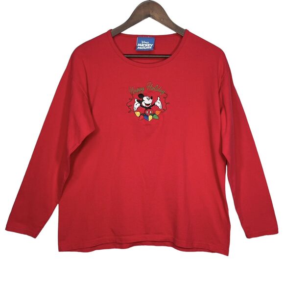 Disney's Mickey Mouse Graphic Tee Shirt Women Size L Red Embroidered 100% Cotton - Picture 1 of 13